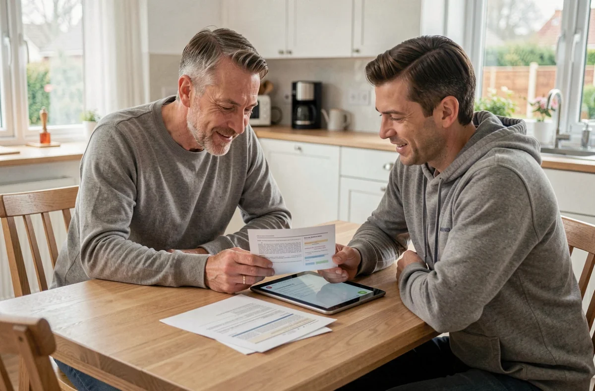 Couple comparant des devis d'assurance auto sur tablette et documents papier autour d'une table de cuisine