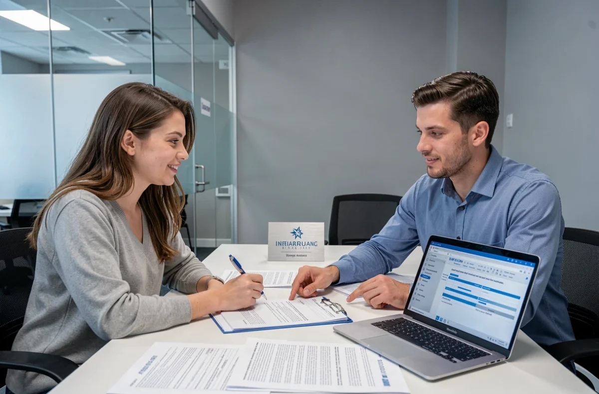 Couple en rendez-vous avec un conseiller pour résilier un contrat d'assurance auto