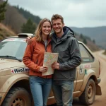 Couple souriant près d'une voiture de rallye poussiéreuse