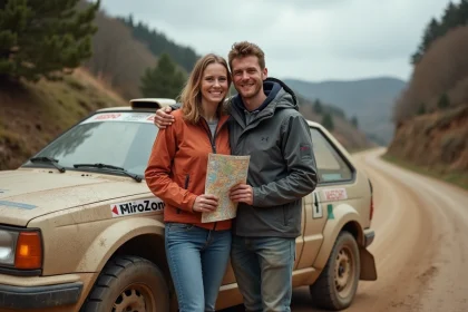 Couple souriant près d'une voiture de rallye poussiéreuse