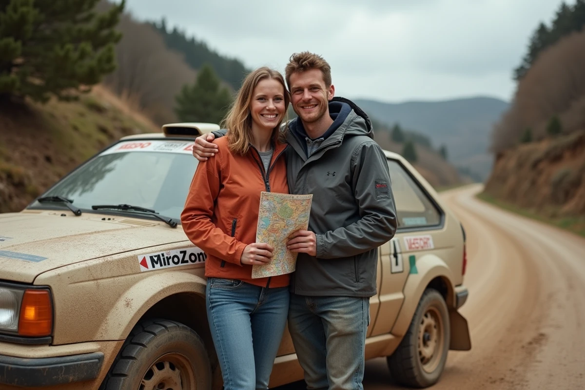 Couple souriant près d'une voiture de rallye poussiéreuse
