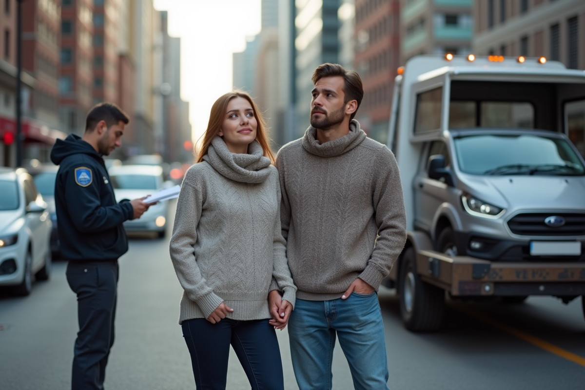Jeune couple regardant leur voiture chargée sur une remorque en ville