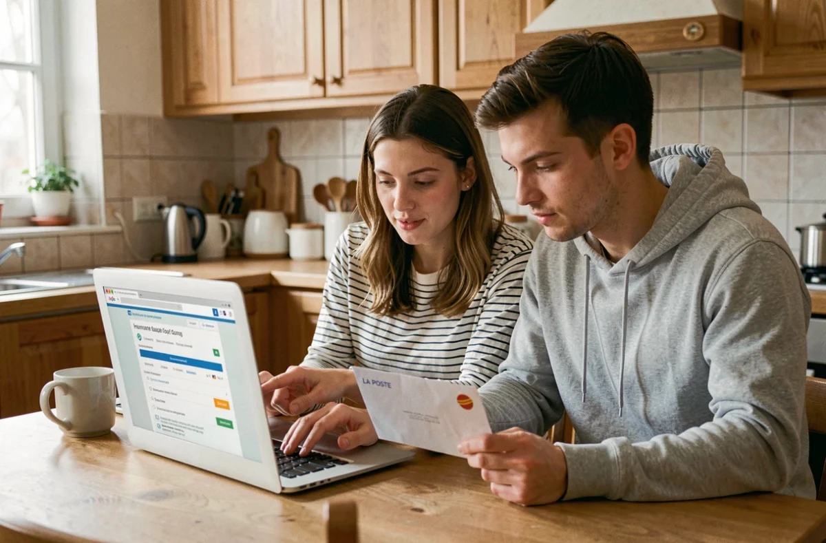 Couple souscrivant une assurance auto La Poste en ligne depuis leur cuisine