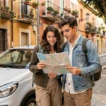 Couple de voyageurs à petit budget examinant une carte à côté de leur voiture garée dans un quartier résidentiel de Barcelone