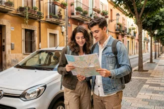 Couple de voyageurs à petit budget examinant une carte à côté de leur voiture garée dans un quartier résidentiel de Barcelone