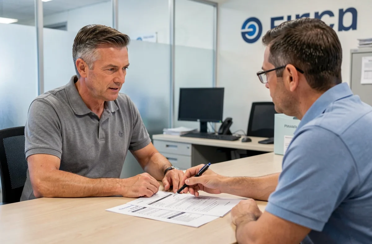 Client en rendez-vous avec un courtier assurance pour obtenir un devis moto personnalisé dans une agence professionnelle