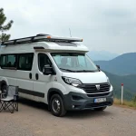 Dacia camping car garé sur un belvédère de montagne entouré de forêt de pins