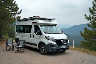 Dacia camping car garé sur un belvédère de montagne entouré de forêt de pins