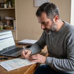 Homme remplissant un formulaire de demande de carte grise à la maison avec un stylo et des documents officiels sur une table en bois