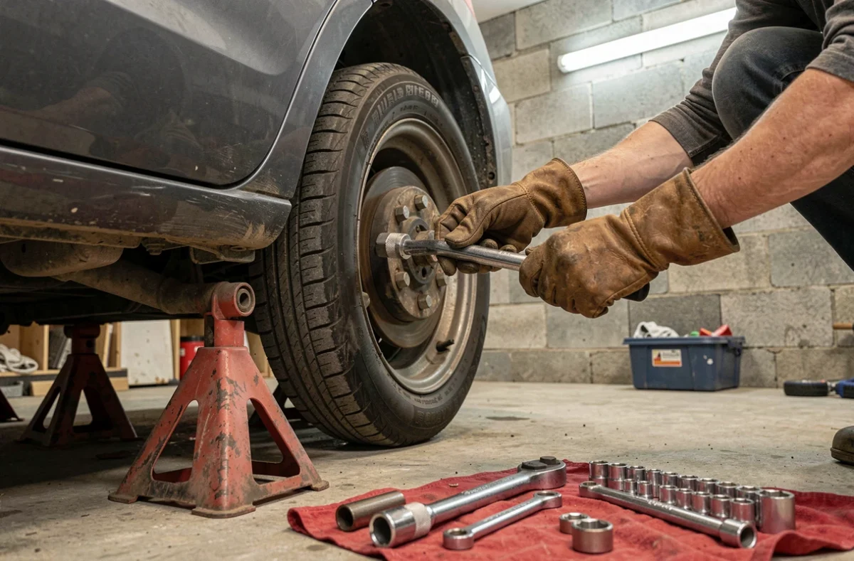 Démontage de roue avant préparation à l'installation d'amortisseurs Bilstein B8 sur une compacte