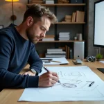Designer industriel dessinant le logo Hyundai à la main sur table à dessin avec stylo technique et documents de référence