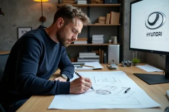 Designer industriel dessinant le logo Hyundai à la main sur table à dessin avec stylo technique et documents de référence
