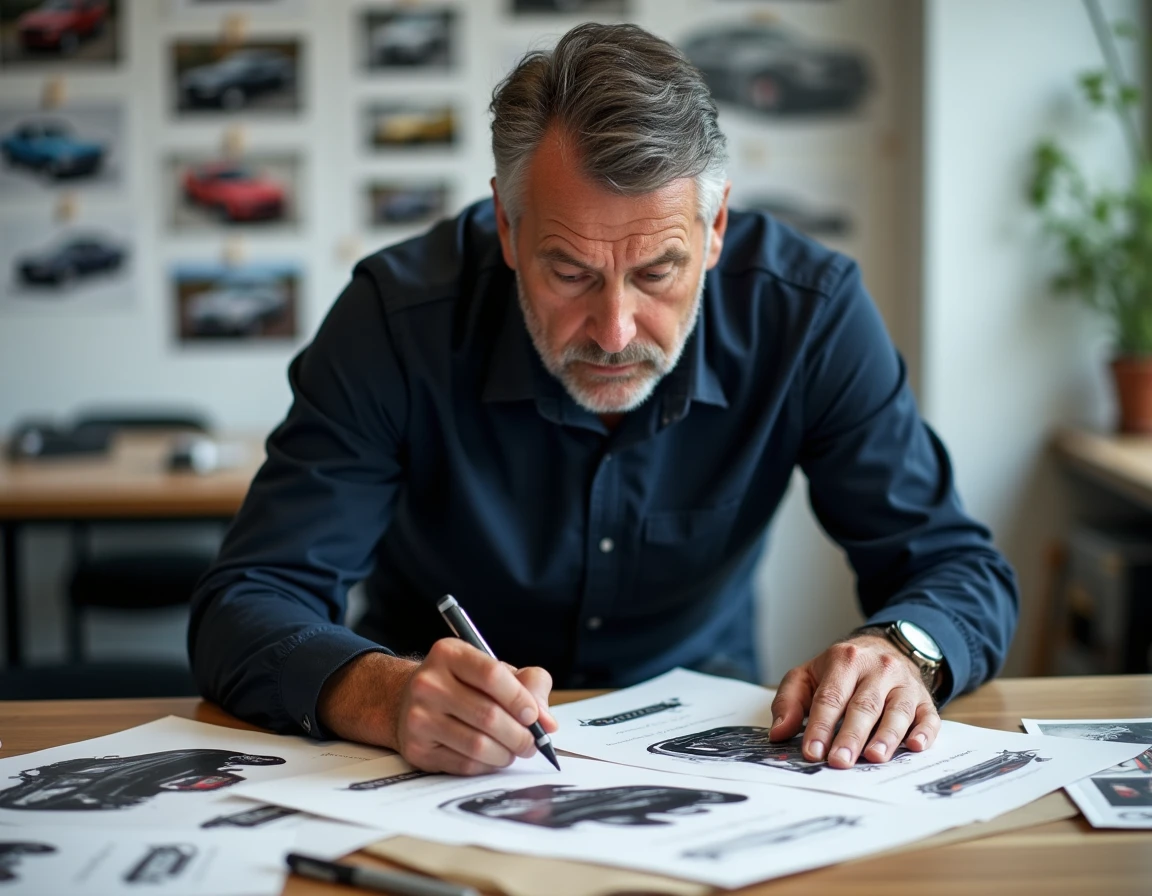 Designer automobile étudiant l'évolution du logo Ford Mustang à travers les séries limitées dans un studio de design