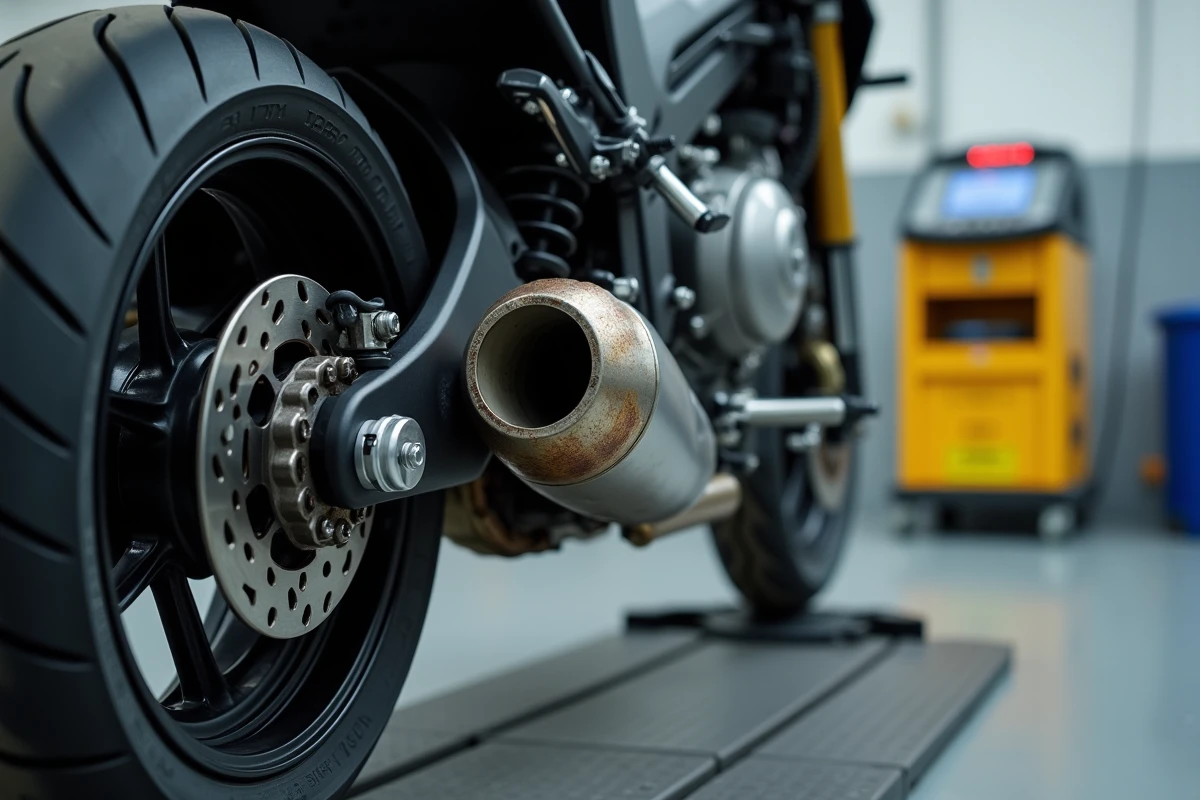 Détail du pneu arrière et du pot d'échappement d'une moto présentant des défauts lors du contrôle technique