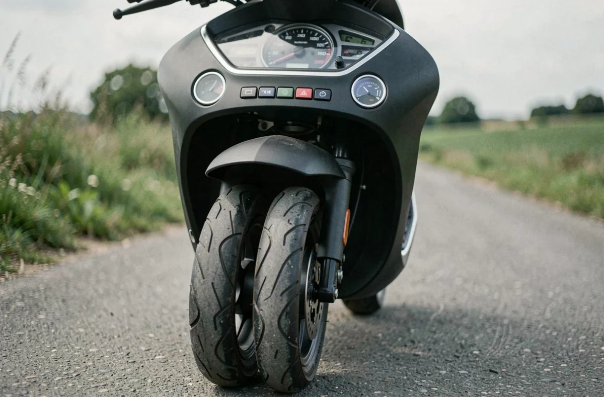 Détail du train avant d'un scooter 3 roues noir mat sur une route de campagne française