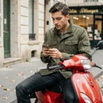 Jeune homme consultant un devis assurance moto 50 cm3 sur smartphone assis sur son scooter en ville