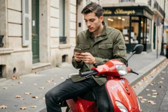 Jeune homme consultant un devis assurance moto 50 cm3 sur smartphone assis sur son scooter en ville