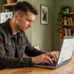 Homme consultant un devis assurance moto en ligne sur un ordinateur portable dans une cuisine moderne