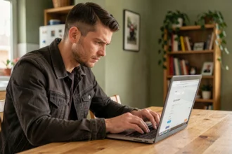Homme consultant un devis assurance moto en ligne sur un ordinateur portable dans une cuisine moderne