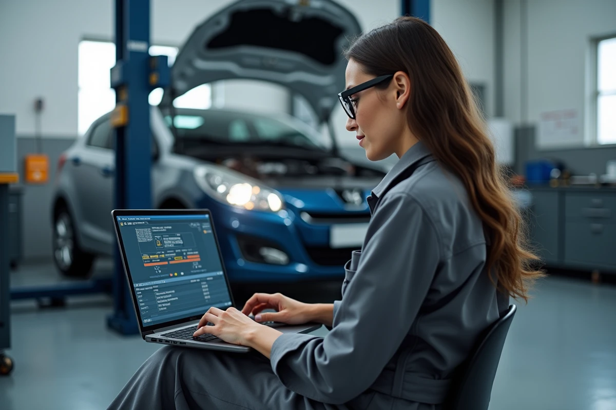 Technicienne automobile analysant les données de pression carburant d'une Peugeot sur un logiciel de diagnostic OBD2 dans un centre de diagnostic moderne