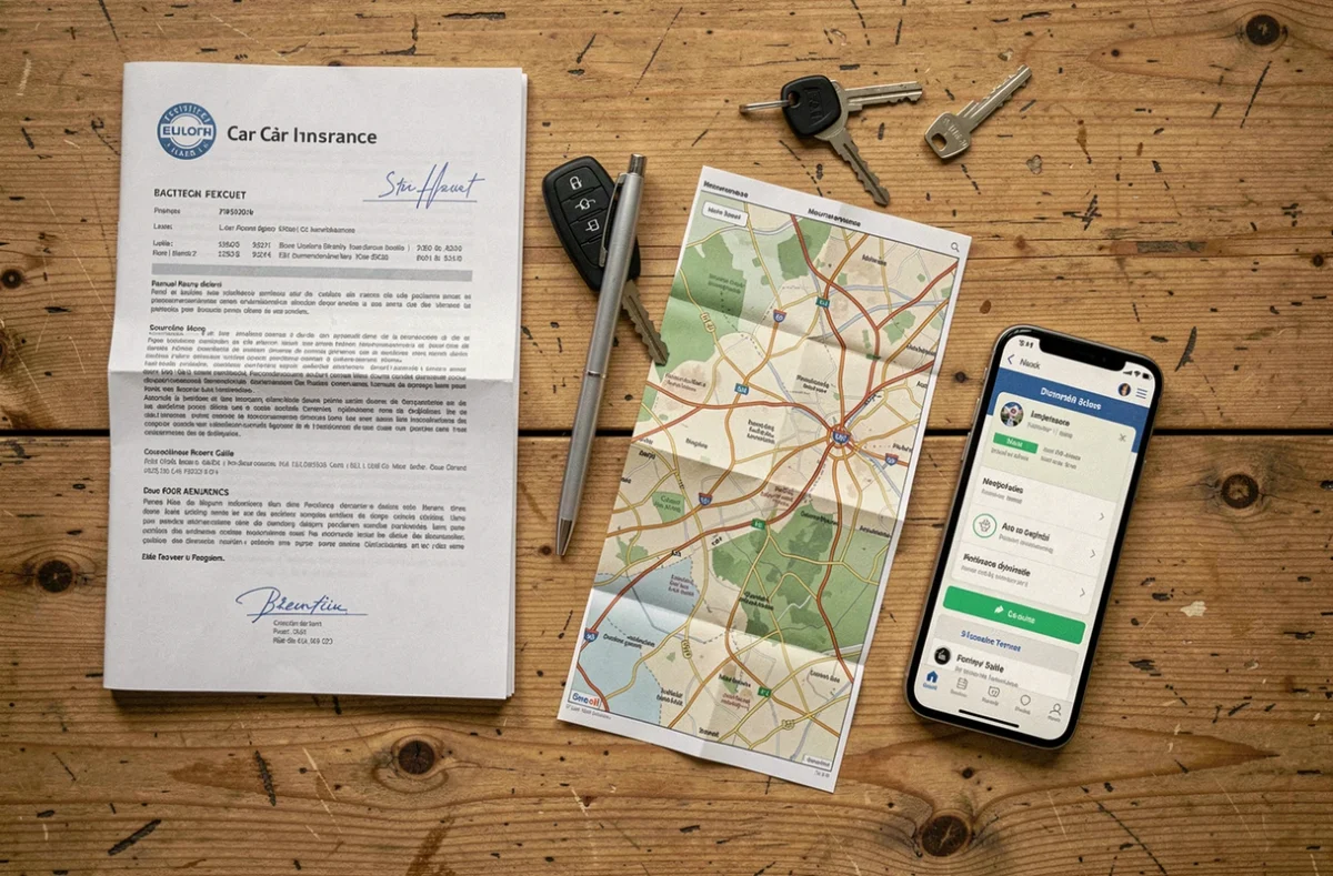Vue de dessus des documents d'assurance auto, clés de voiture et smartphone sur une table en bois
