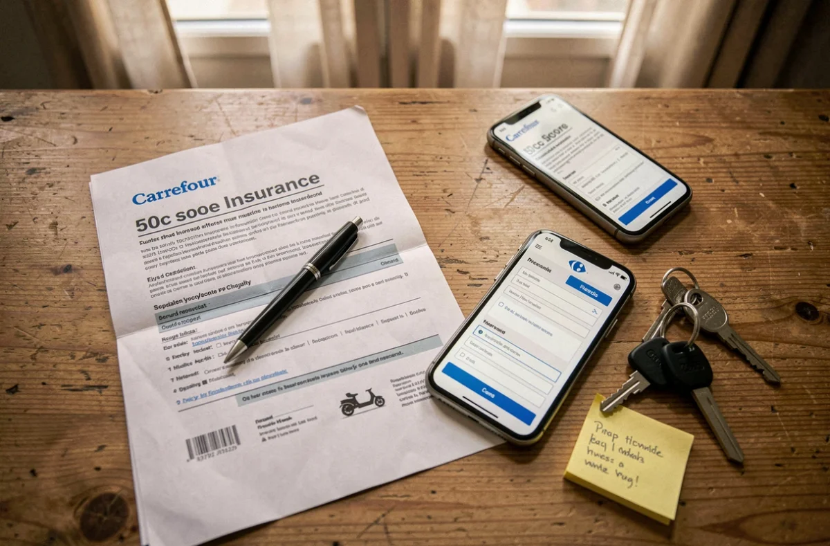 Documents d'assurance scooter 50cc Carrefour, clés et téléphone posés sur une table en bois