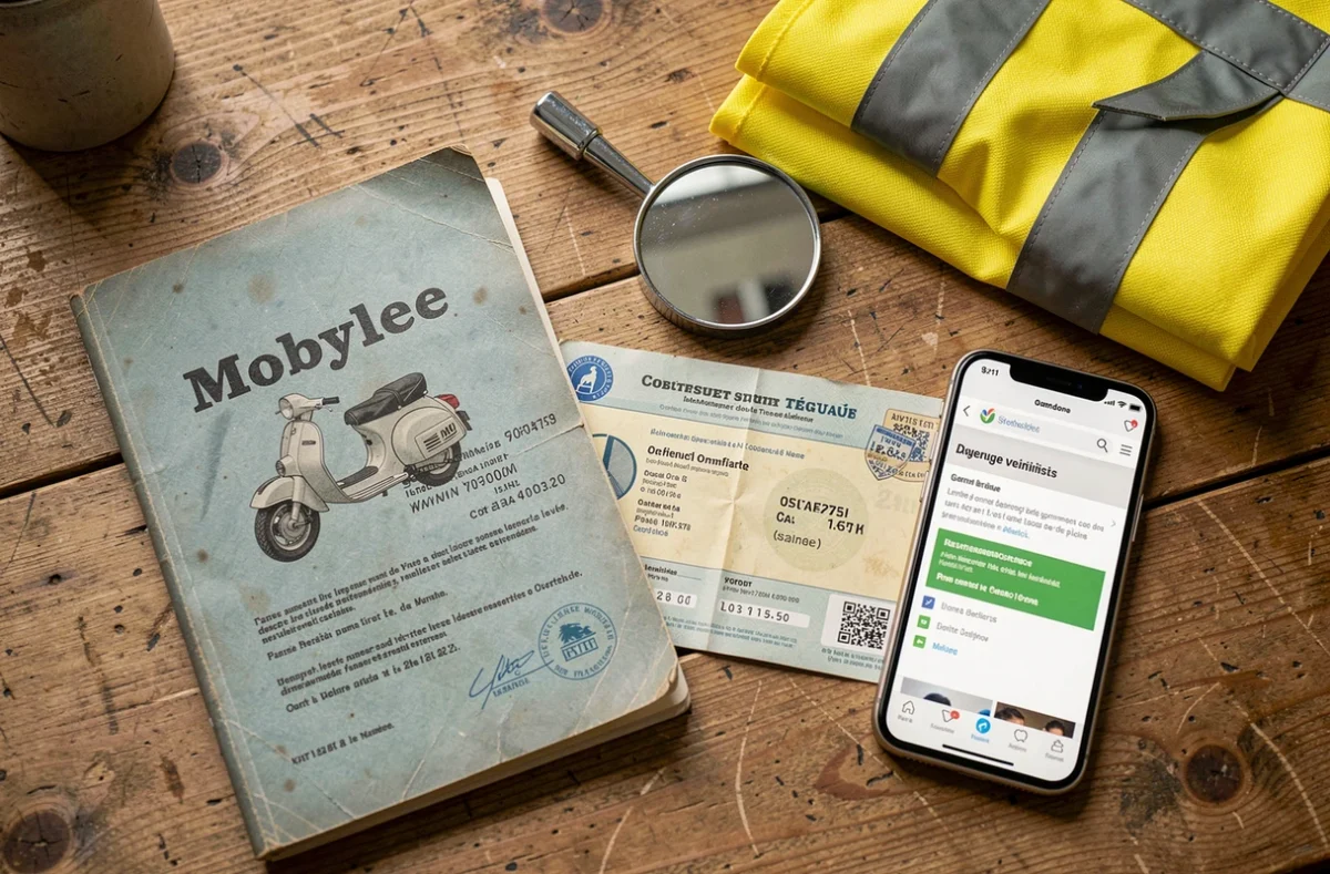 Vue aérienne de documents réglementaires et accessoires liés à l'homologation d'une Mobylette sur un bureau en bois