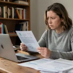 Femme frustrée consultant un dossier de carte grise bloqué sur son ordinateur à son bureau à domicile