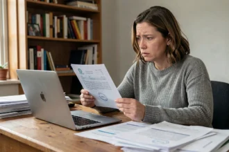 Femme frustrée consultant un dossier de carte grise bloqué sur son ordinateur à son bureau à domicile
