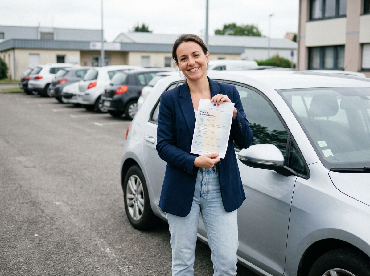 Femme tenant sa carte grise devant une voiture garée dans un parking, souriant après avoir économisé sur son certificat d'immatriculation