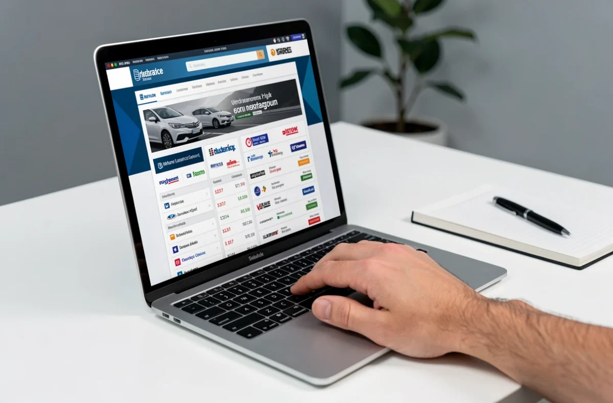 Gros plan sur un écran d'ordinateur affichant un comparateur d'assurance voiture avec tableau de prix et logos d'assureurs