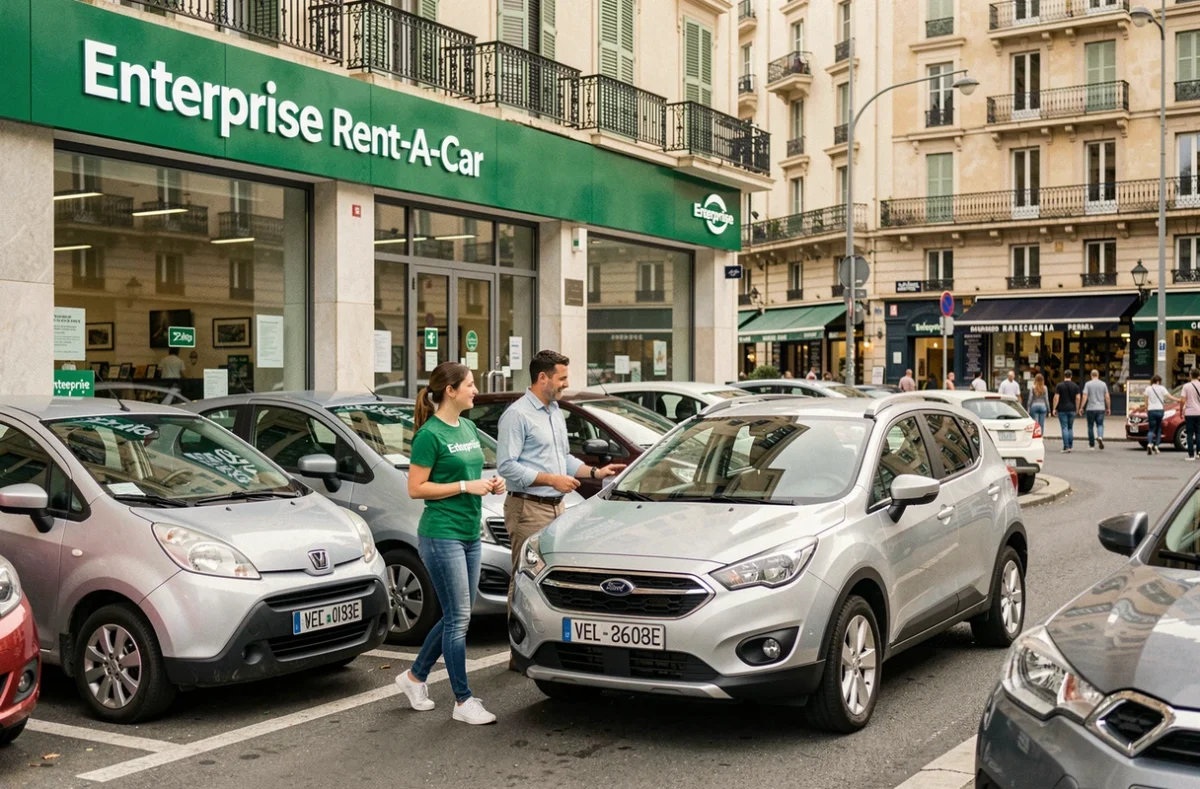 Agence Enterprise Rent-A-Car Marseille avec son enseigne verte et une sélection de voitures de location disponibles