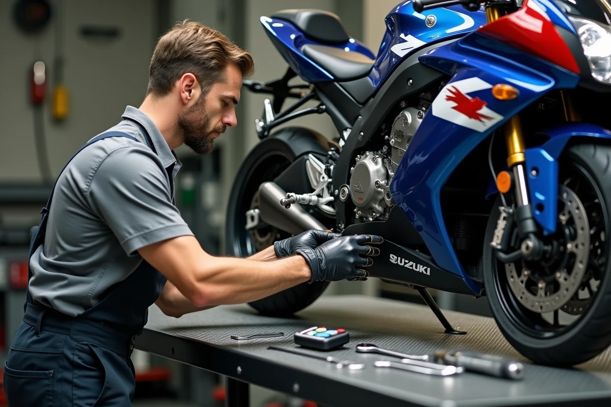 Mécanicien effectuant l'entretien d'une Suzuki GSX-R 600 dans un atelier professionnel