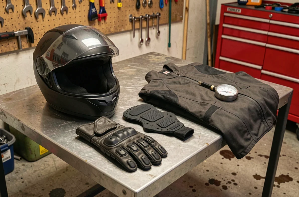 Équipements de sécurité moto pour piste disposés sur un établi de garage : casque, gants, dorsale et manomètre