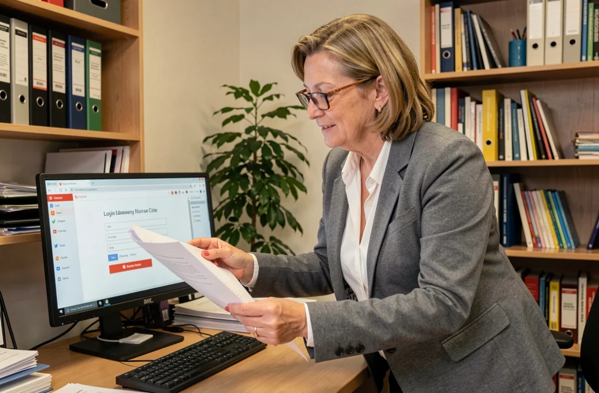 Femme administrative pointant une erreur de connexion sur un écran d'ordinateur de bureau