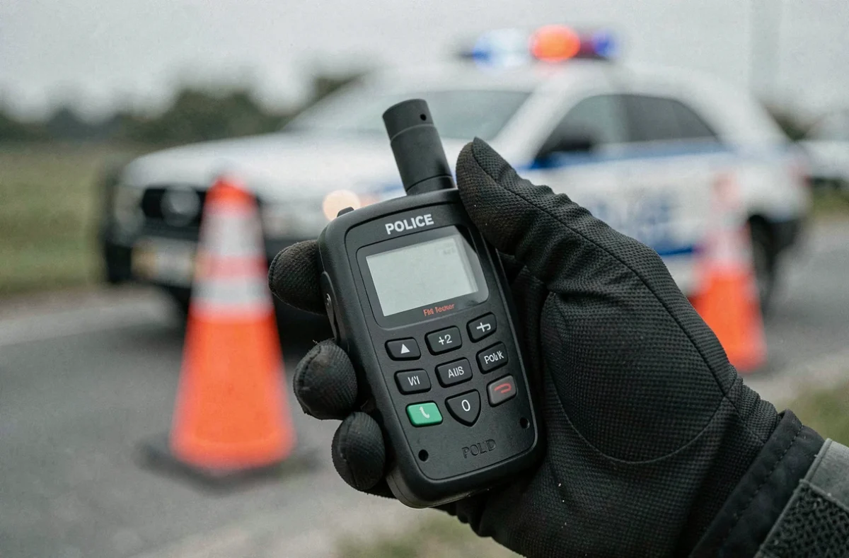 Gros plan sur un éthylotest électronique tenu par un agent lors d'un contrôle routier