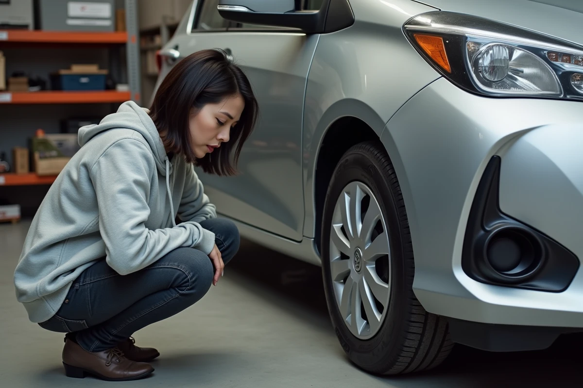 Femme lisant l'étiquette de pression recommandée sur la portière d'une Toyota Yaris Hybride