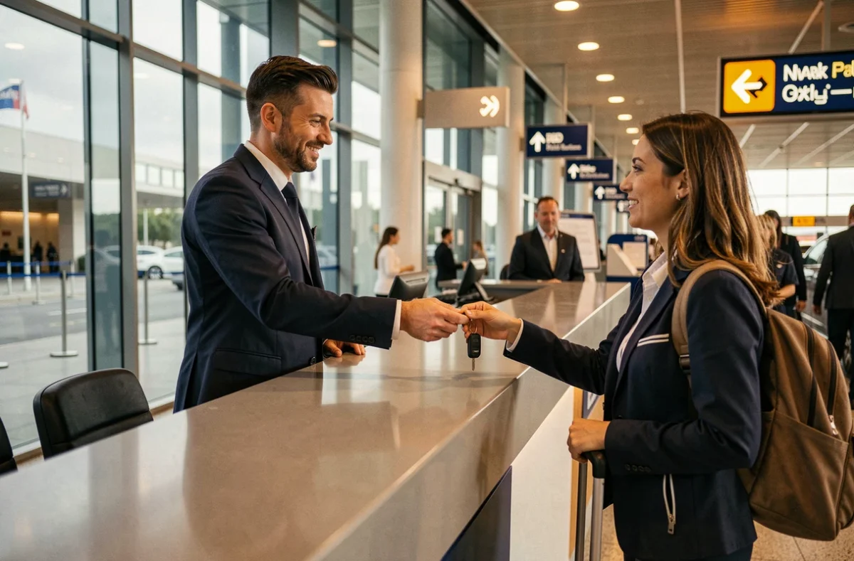 Agent Europcar en uniforme remettant des clés de voiture à une voyageuse au comptoir de l'aéroport Marseille Provence