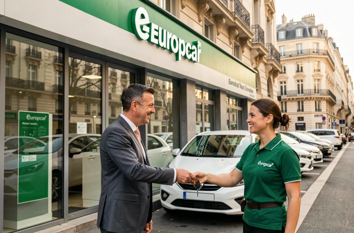 Agence Europcar Marseille avec sa signalétique verte et blanche et des voitures de location garées devant l'entrée