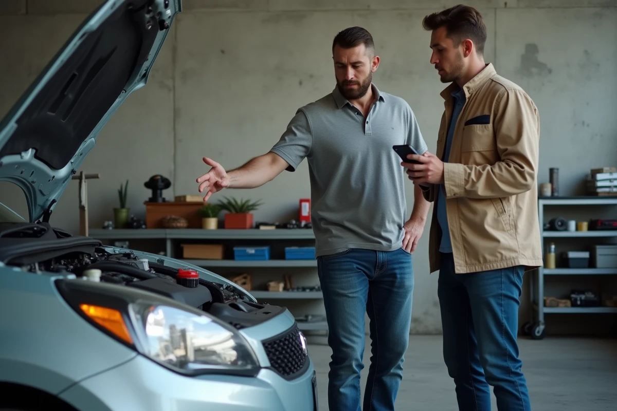Expert automobile et acheteur discutant de l'état mécanique d'une voiture d'occasion dans un garage lors d'une transaction CapCar