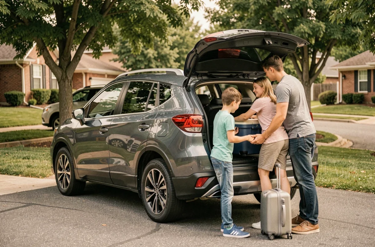 Famille chargeant des bagages dans un SUV familial dans une allée de banlieue américaine