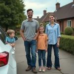 Famille souriante avec deux enfants debout à côté d'une Toyota Corolla blanche garée dans une allée résidentielle