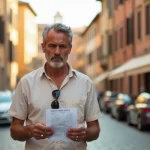Homme tenant un faux PV de stationnement dans une rue italienne pavée et examinant le document avec méfiance