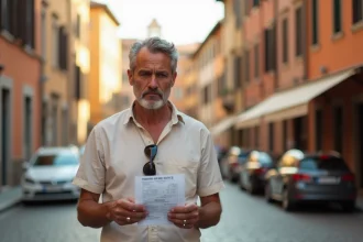 Homme tenant un faux PV de stationnement dans une rue italienne pavée et examinant le document avec méfiance
