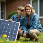 Femme et adolescent dans un jardin avec panneau solaire