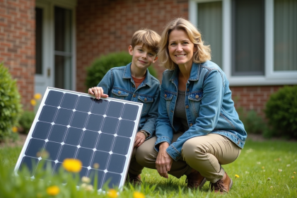 Femme et adolescent dans un jardin avec panneau solaire