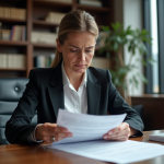 Femme d affaires examinant des documents financiers dans un bureau moderne