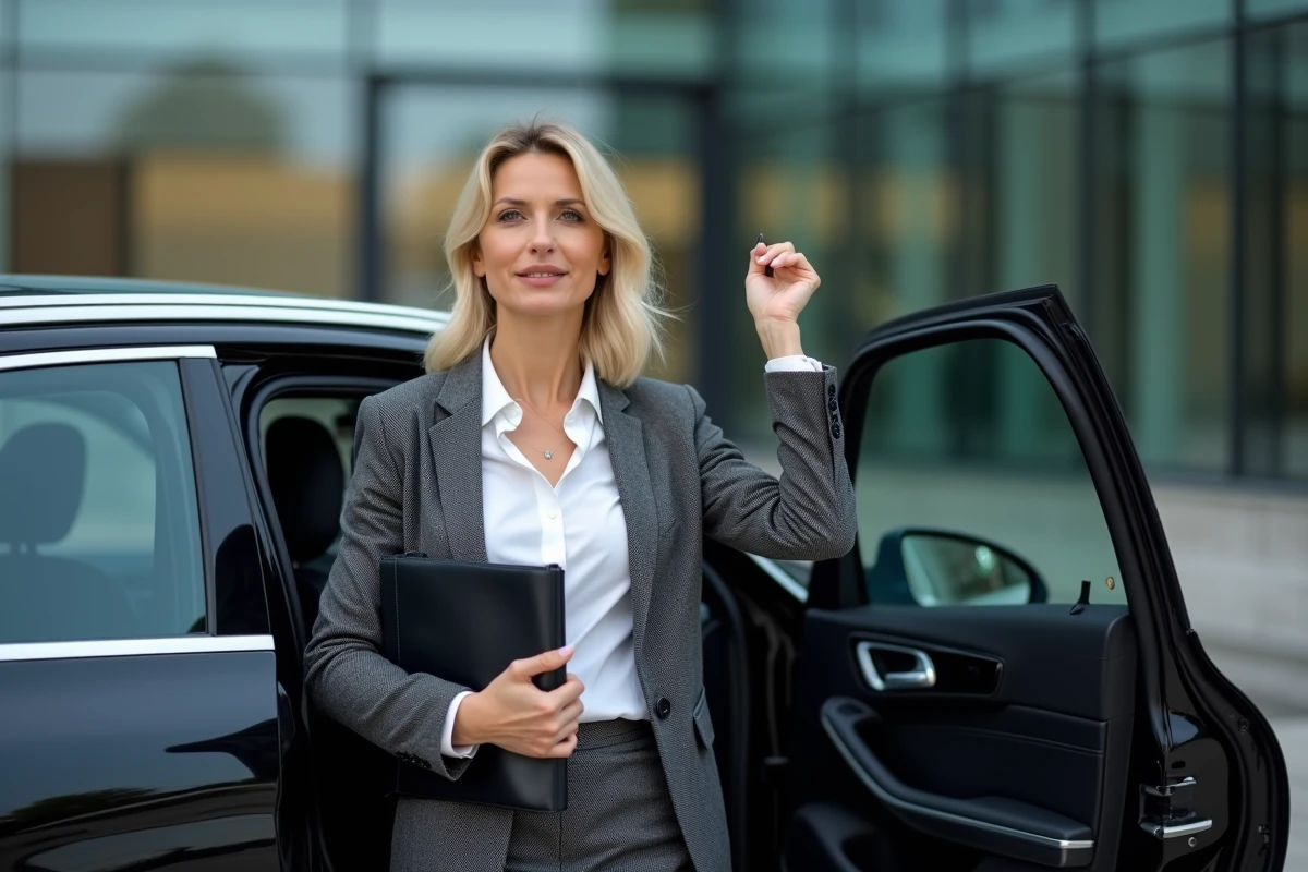 Femme d'affaires sortant d'un Mercedes GLC Coupé devant un immeuble de bureaux moderne