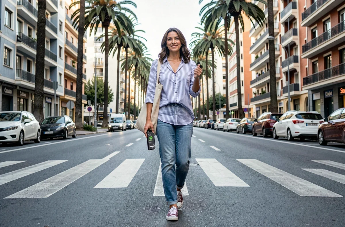Femme consultant une application de parking gratuit sur smartphone dans une avenue animée de Barcelone