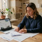 Femme consultant des documents d'assurance auto sur un bureau en bois dans un appartement de Rennes
